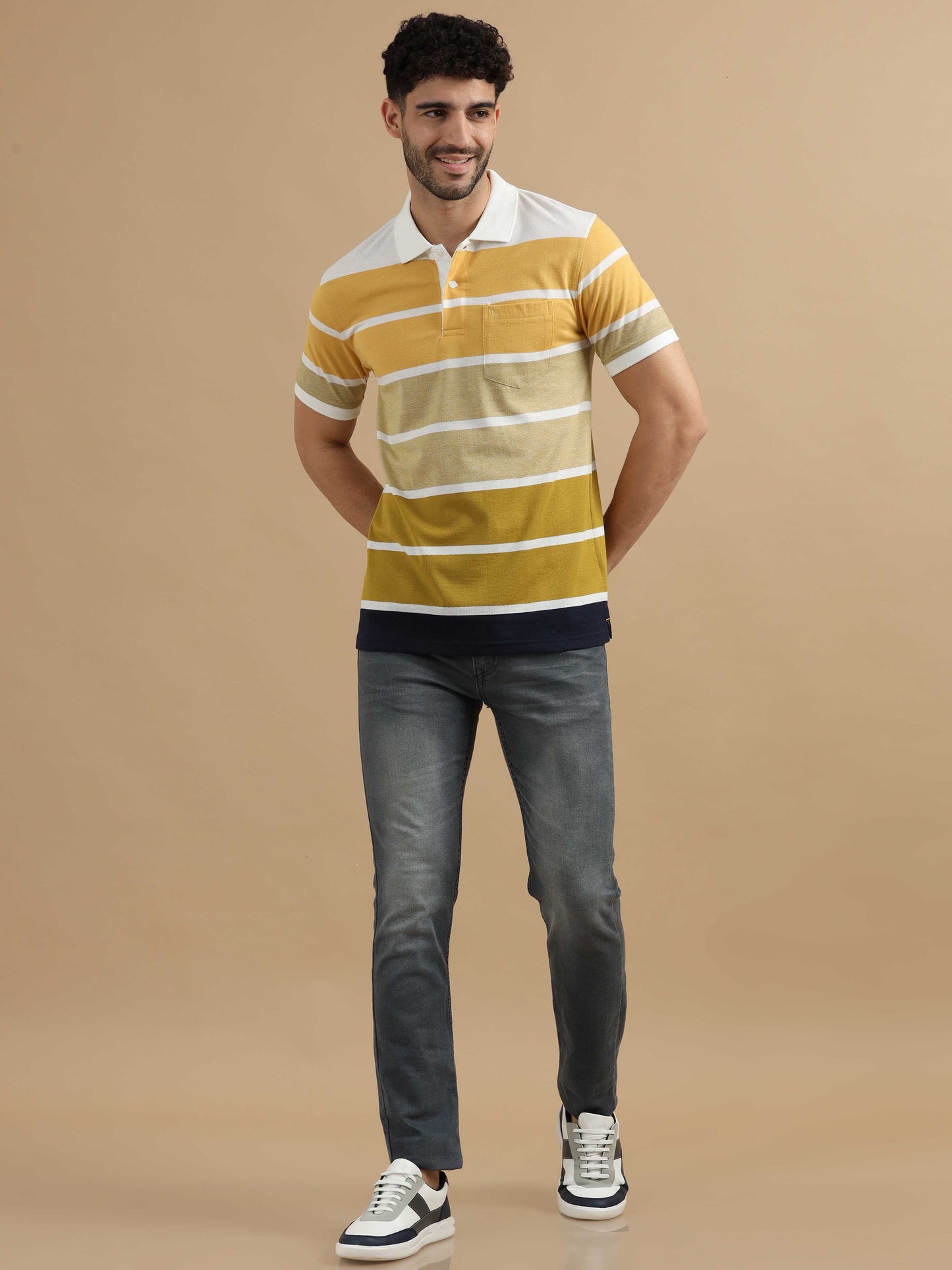 Men Yellow Striped Polo T Shirt